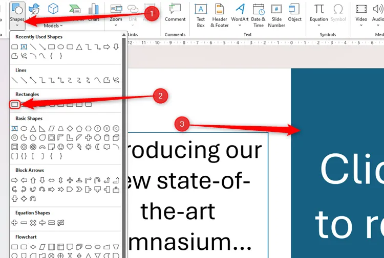 Hình chữ nhật được thêm vào slide PowerPoint qua menu thả xuống Hình khối, và hình dạng kết quả được định vị lại với văn bản được thêm vào