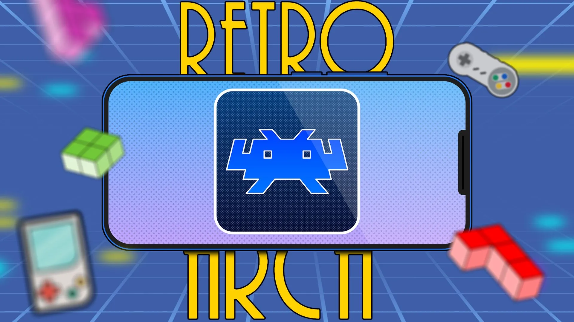 Hình minh họa điện thoại di động hiển thị logo RetroArch trong bối cảnh retro, tượng trưng cho khả năng giả lập game cổ điển trên nhiều thiết bị.