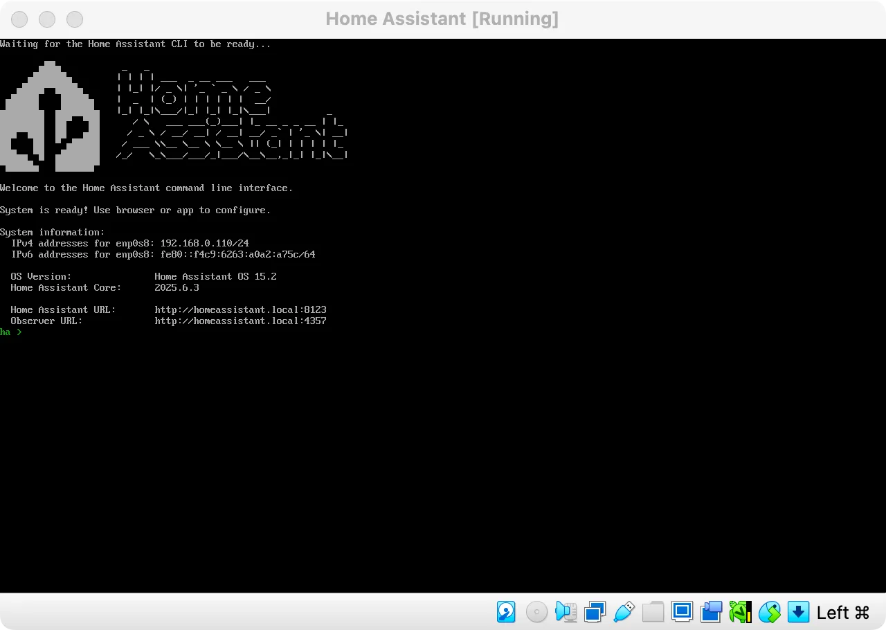 Home Assistant đang chạy trong máy ảo VirtualBox trên Mac