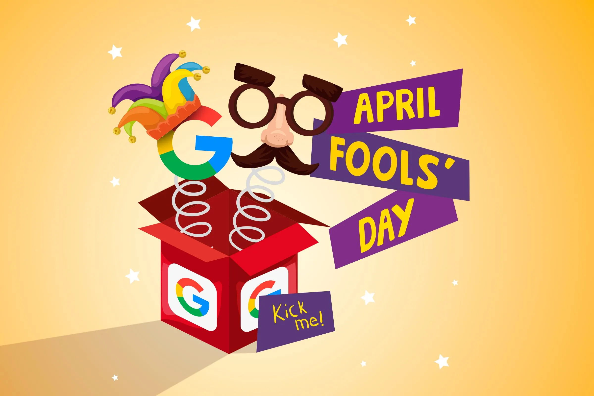 Hộp quà bất ngờ màu đỏ với logo Google và dòng chữ &quot;April Fools Day&quot;, thể hiện tinh thần trêu đùa trong các chiến dịch Cá tháng Tư của Google.