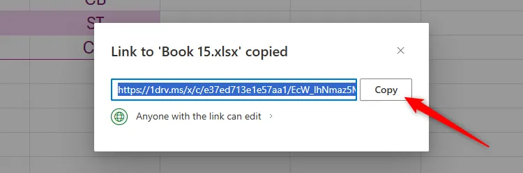 Hộp thoại &quot;Copy Link To Sheet View&quot; hiển thị trong Excel cho web để chia sẻ liên kết chế độ xem trang tính.