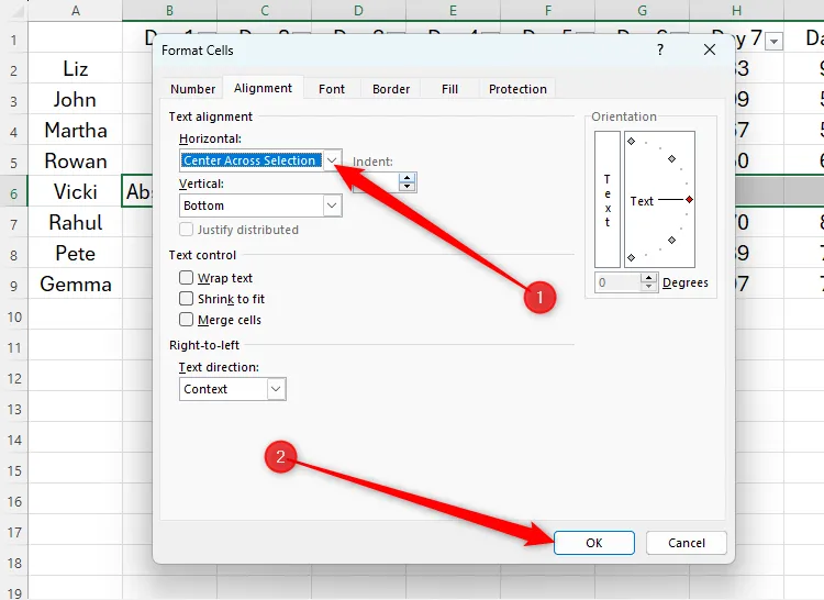 Hộp thoại Định dạng Ô (Format Cells) trong Excel, chọn Center Across Selection