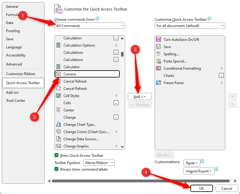 Hộp thoại Excel Options, hiển thị các bước để thêm Camera vào QAT