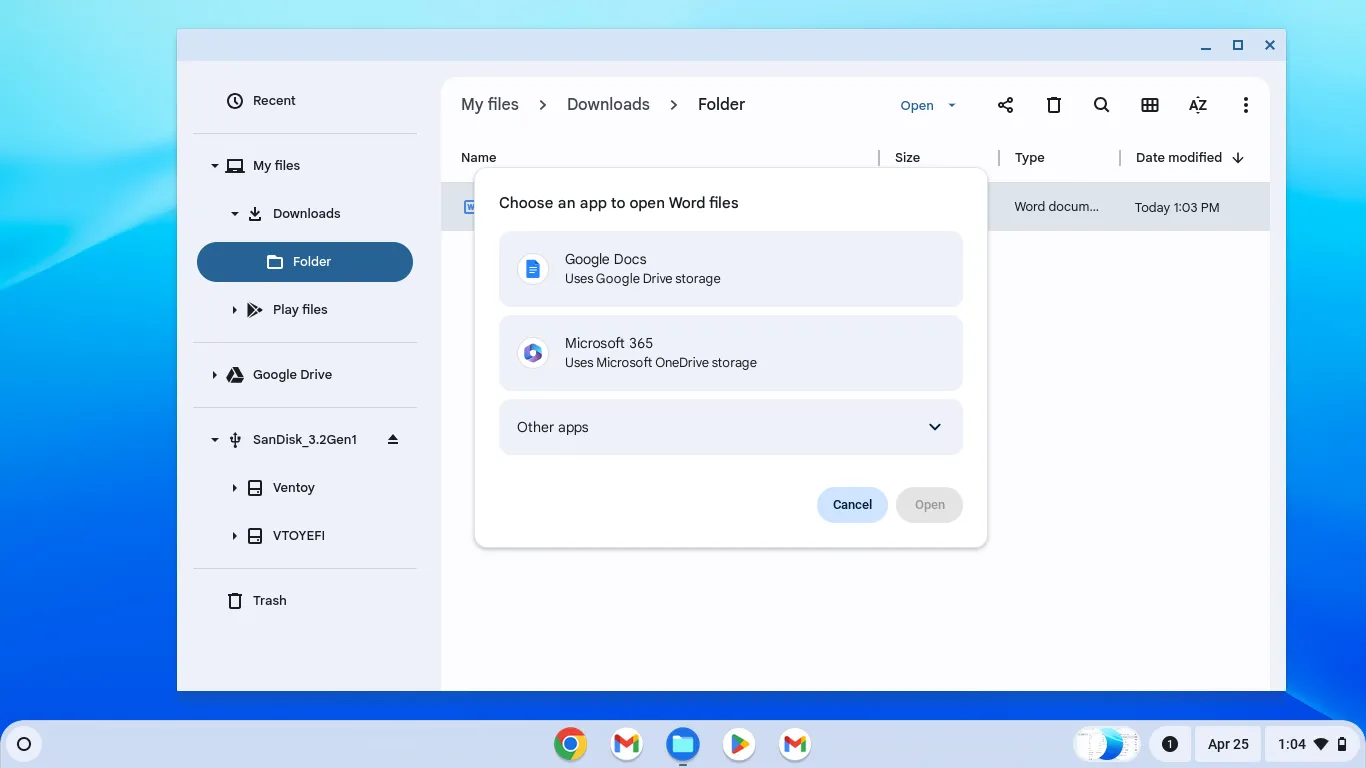 Hộp thoại hỏi người dùng muốn mở tệp Word bằng Google Docs hay Microsoft 365 trên Chromebook