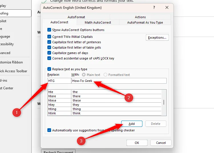 Hộp thoại Tự Sửa (AutoCorrect) của Word, minh họa cách thêm mục mới với &quot;HTG&quot; thay thế bằng &quot;How-To Geek&quot;.