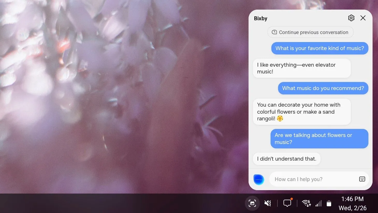 Hộp thoại tương tác đơn giản với Bixby trên Samsung DeX, thể hiện phong cách giao tiếp trực tiếp của trợ lý ảo.