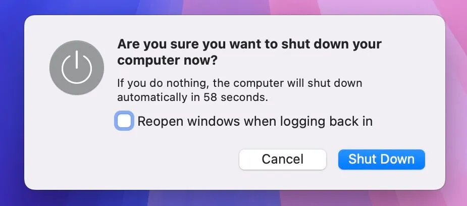 Hộp thoại xác nhận tắt máy MacBook, cần thiết để kiểm tra tính năng tự khởi động.