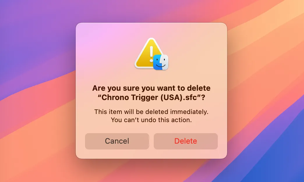 Hộp thoại xác nhận xóa tệp trên macOS, hỏi người dùng có muốn bỏ qua thùng rác và xóa vĩnh viễn tệp.