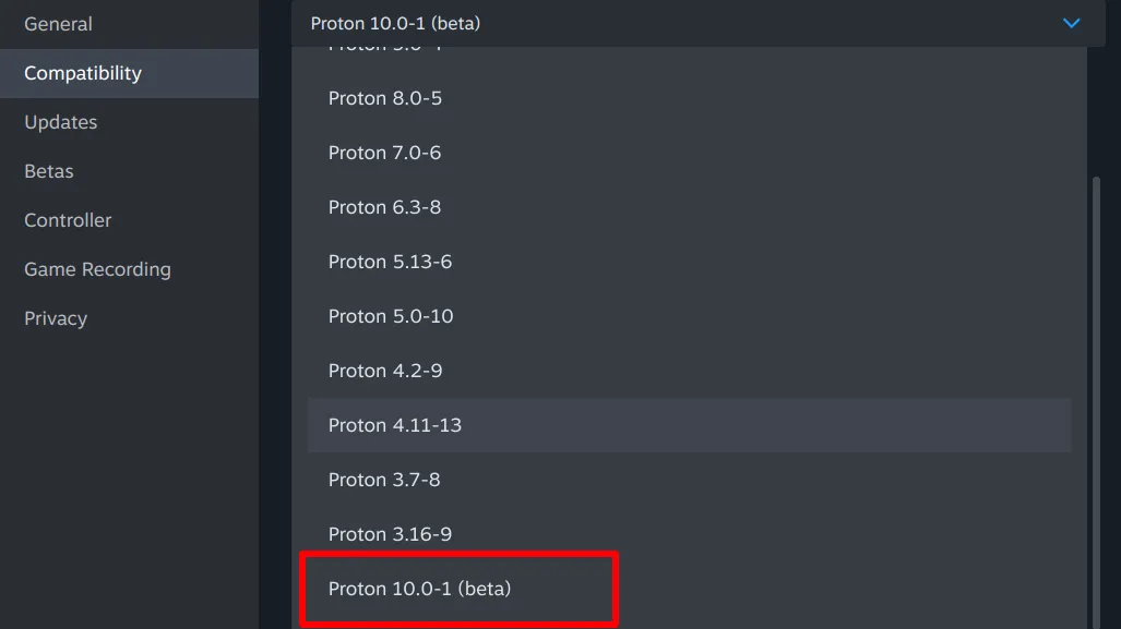 Hướng dẫn cài đặt Proton 10 Beta: Menu tương thích game trên Steam với tùy chọn Proton 10.0-1 (beta)