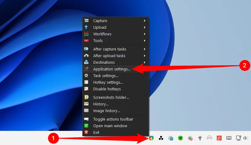 Hướng dẫn click chuột phải vào biểu tượng ShareX để mở cài đặt ứng dụng