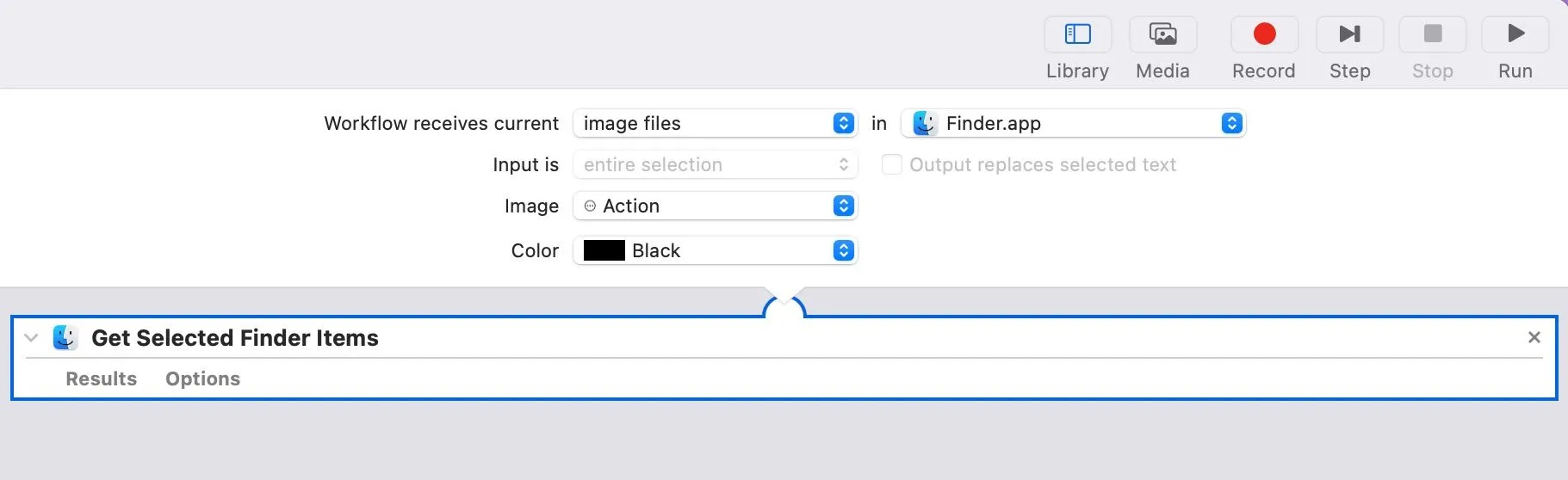 Kéo và thả hành động &quot;Get Selected Finder Items&quot; vào khu vực quy trình làm việc của Automator.