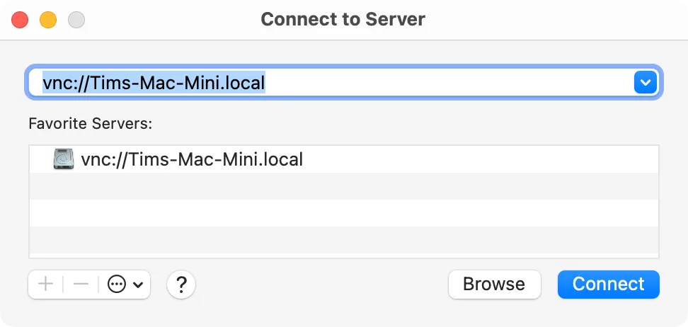 Kết nối qua VNC đến Mac mini cục bộ để cài đặt Home Assistant