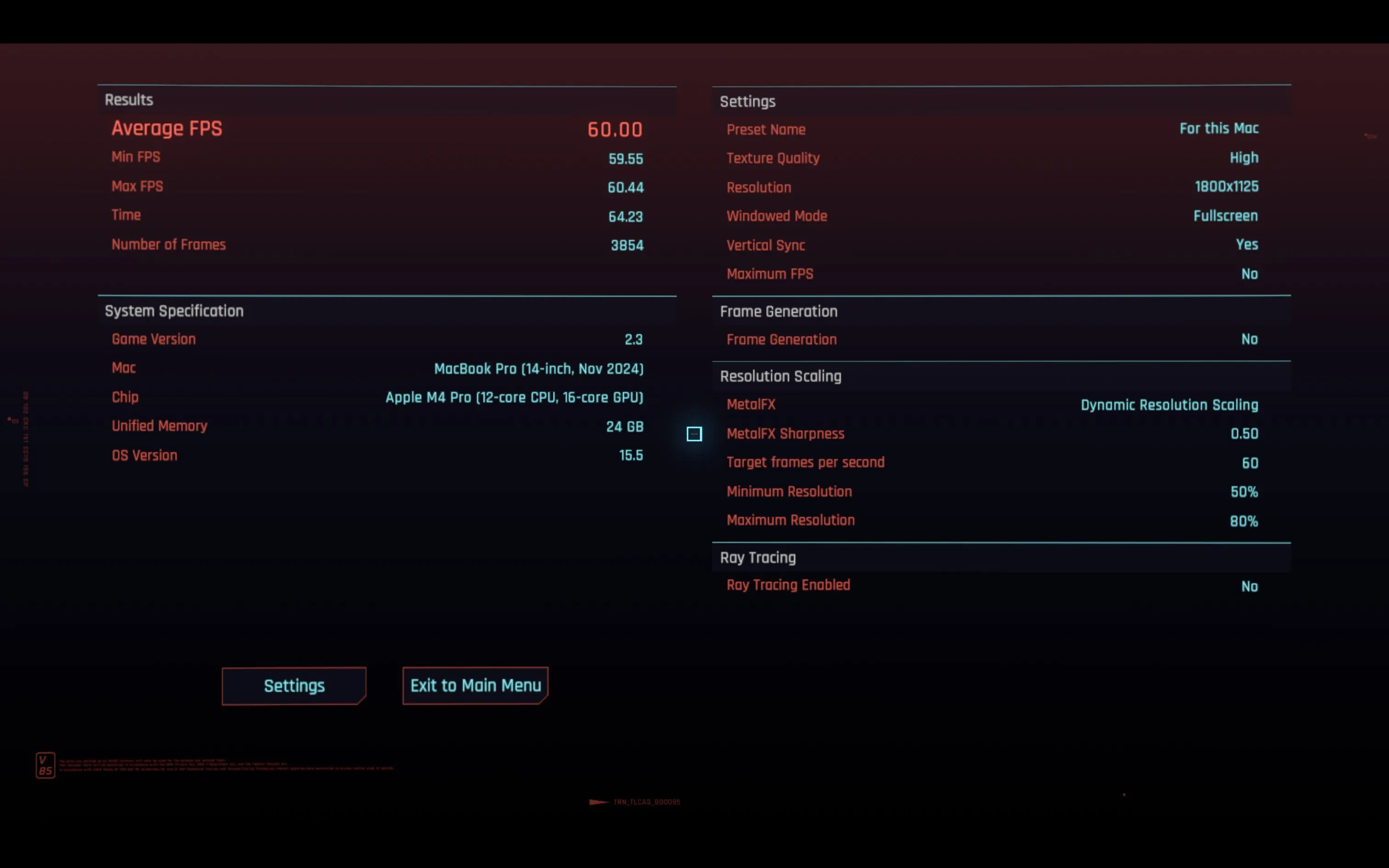 Kết quả benchmark Cyberpunk 2077 trên MacBook Pro M4 Pro, minh chứng hiệu năng chơi game mượt mà của Mac.
