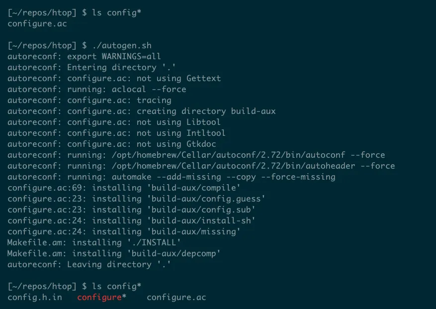 Kết quả chạy script autogen.sh trong mã nguồn htop, cho thấy quá trình tạo tập lệnh configure