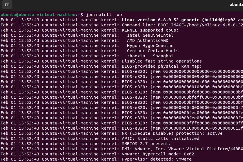 kết quả lệnh journalctl -xb hiển thị nhật ký khởi động kernel trên Ubuntu