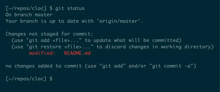 Kết quả từ lệnh &quot;git status&quot; cho thấy tệp &quot;README.md&quot; đã được sửa đổi trong kho lưu trữ Git.