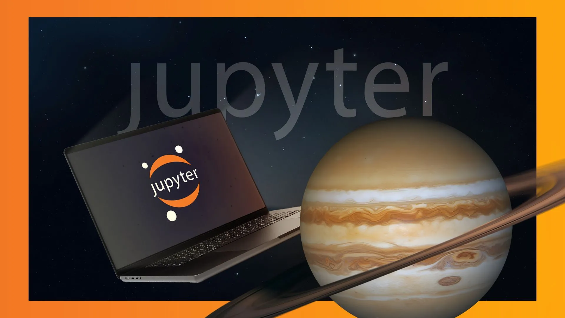 Không gian vũ trụ với laptop hiển thị logo Jupyter và hành tinh Sao Mộc