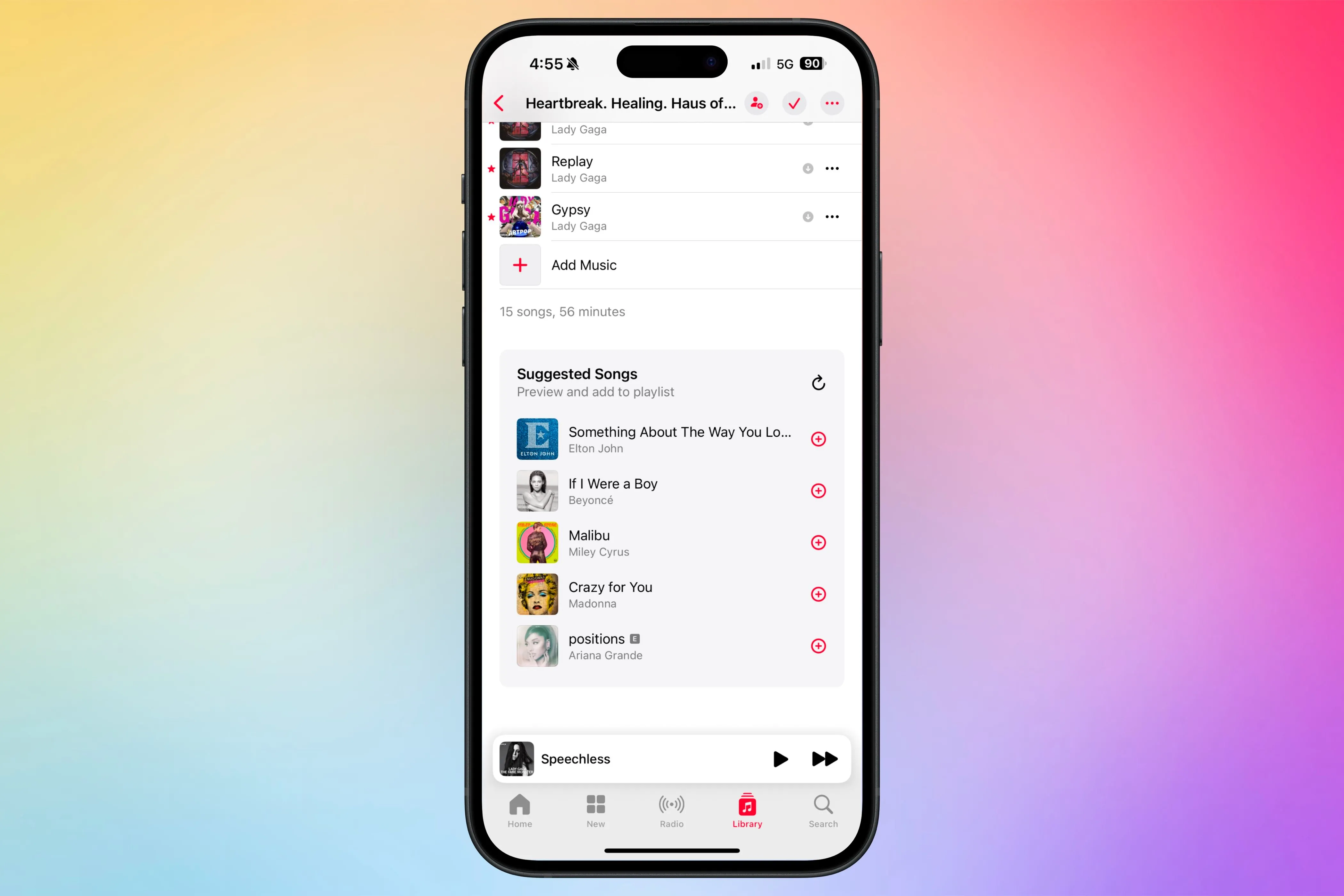 Khu vực Bài hát Đề xuất (Suggested Songs) ở cuối playlist trong ứng dụng Apple Music hiển thị 5 bài hát gợi ý