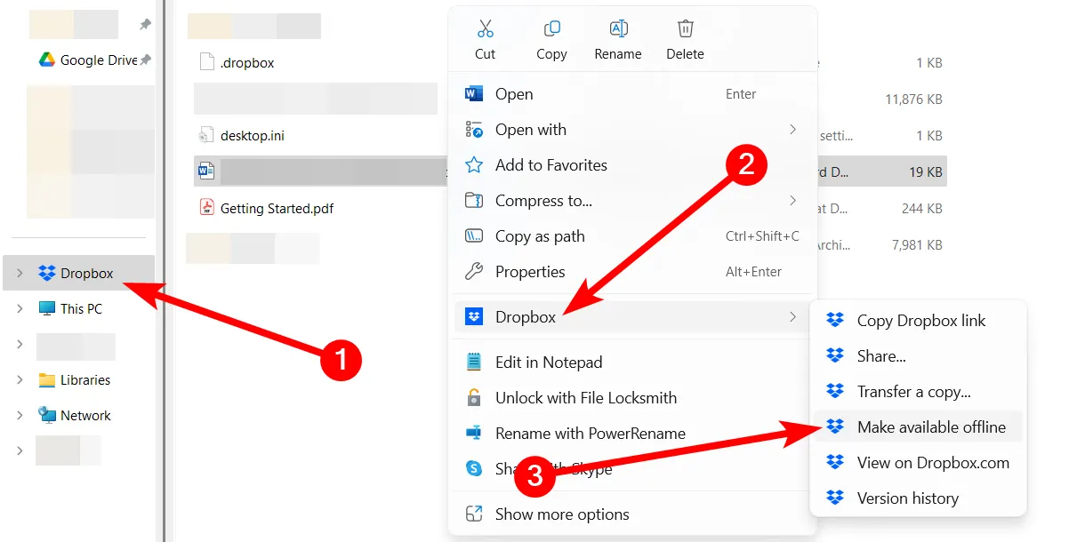 Kích hoạt truy cập offline cho file Dropbox trên Windows qua menu ngữ cảnh.