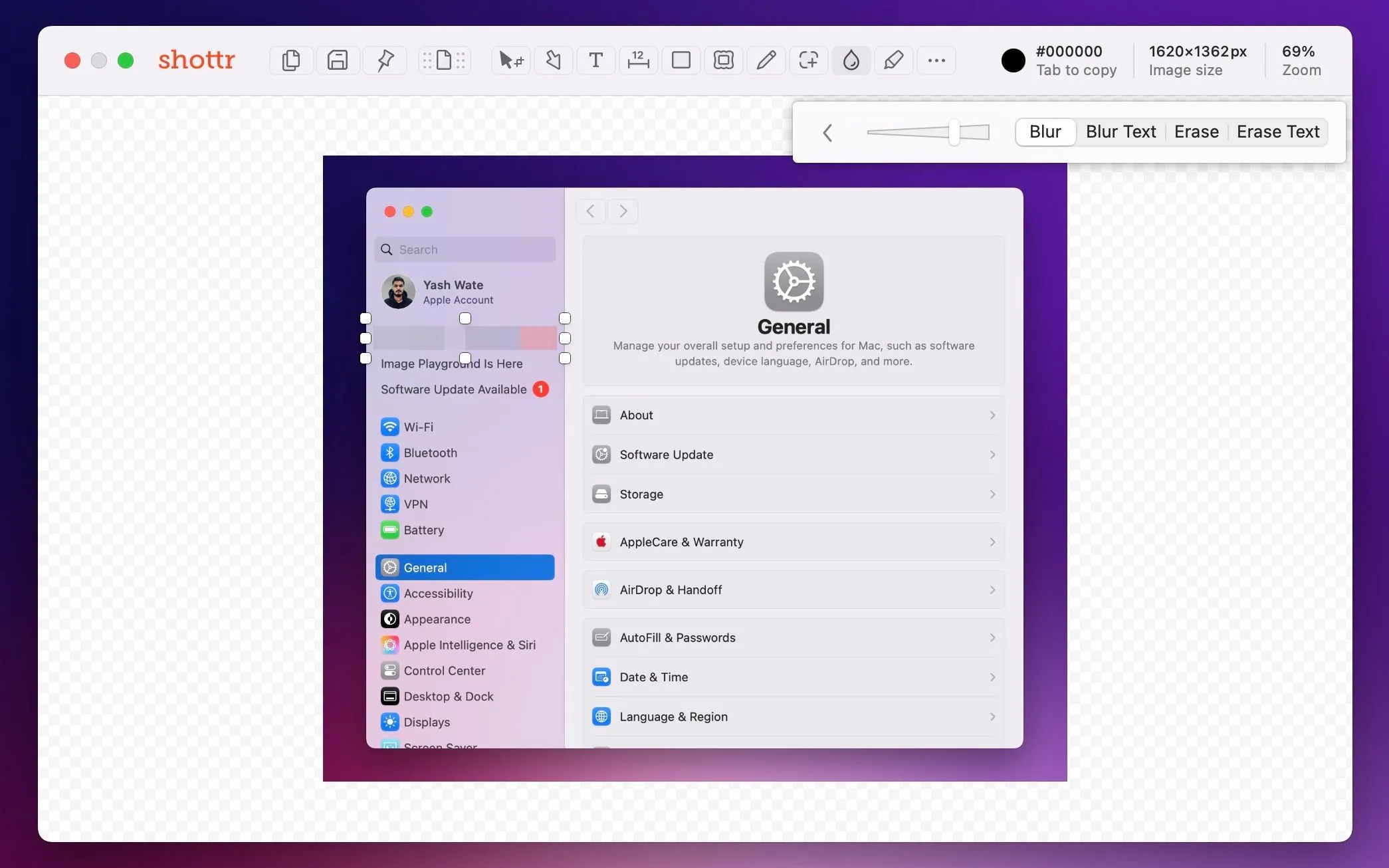 Làm mờ thông tin nhạy cảm trên ảnh chụp màn hình bằng tính năng Blur của Shottr trên Mac