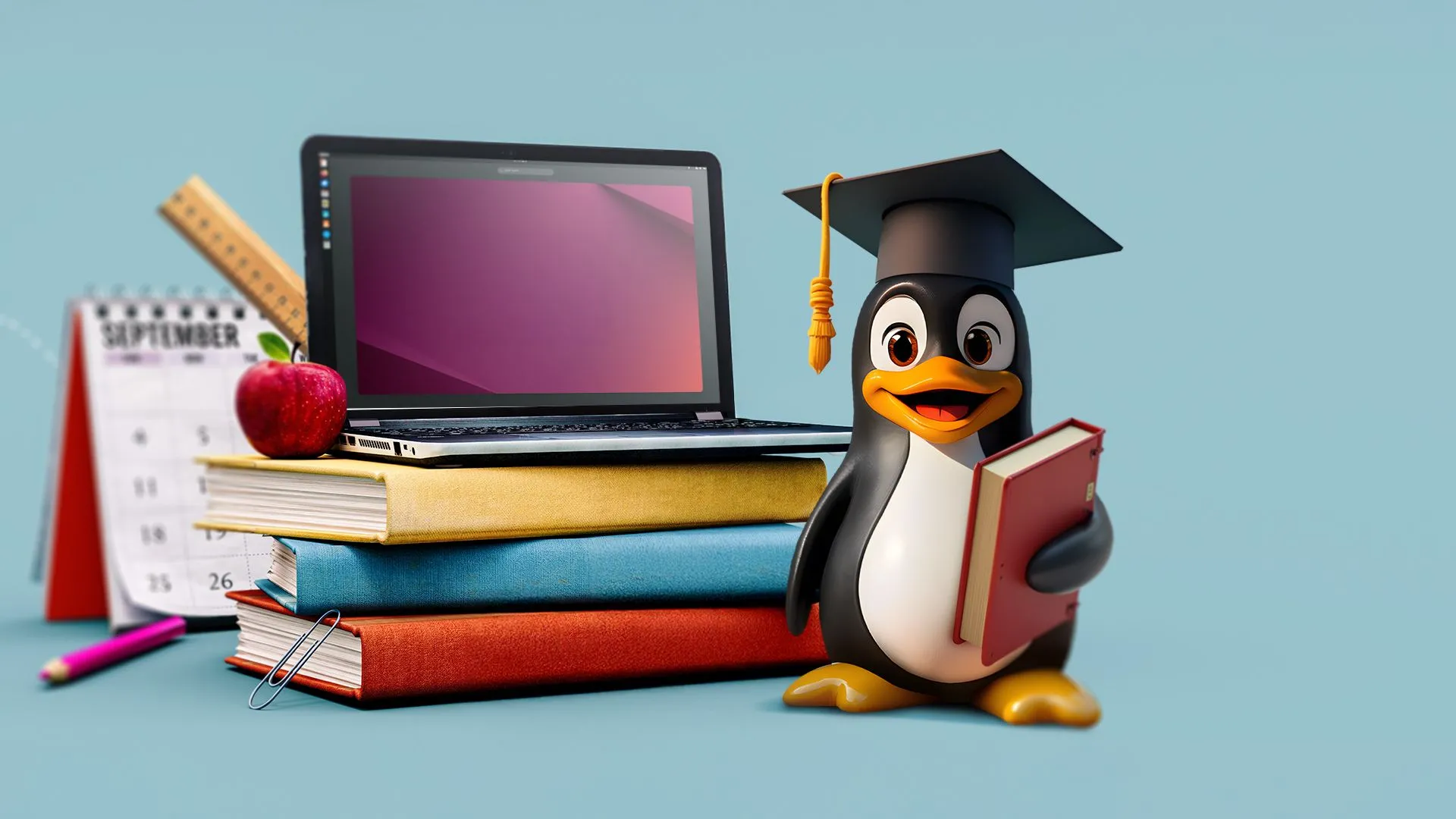 Laptop trên sách với linh vật Linux đội mũ tốt nghiệp