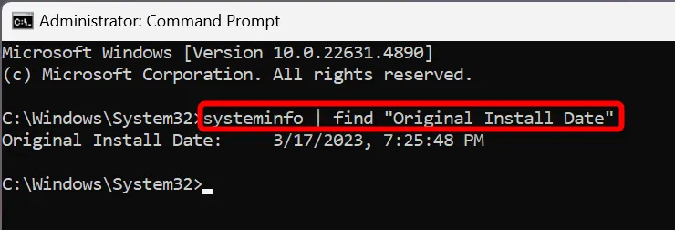 Lệnh Command Prompt để kiểm tra ngày cài đặt Windows gốc