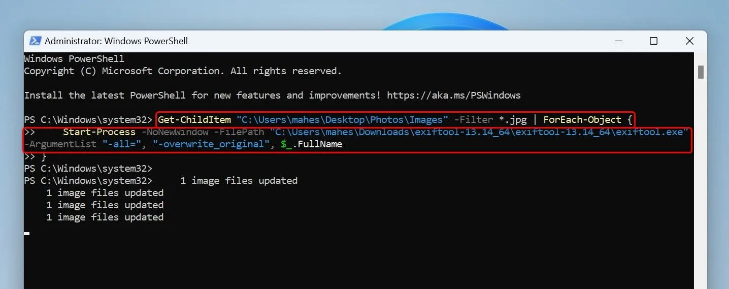 Lệnh PowerShell để xóa hàng loạt dữ liệu EXIF từ các tệp ảnh JPG