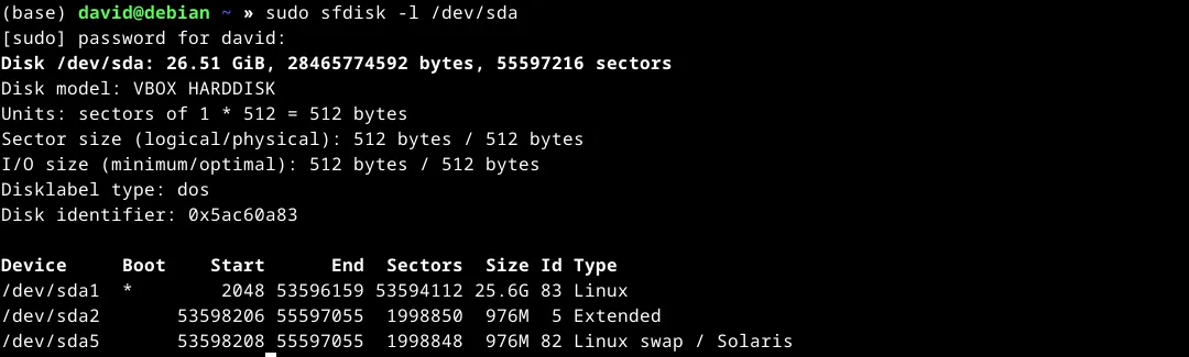 Liệt kê phân vùng bằng sfdisk trong terminal Linux