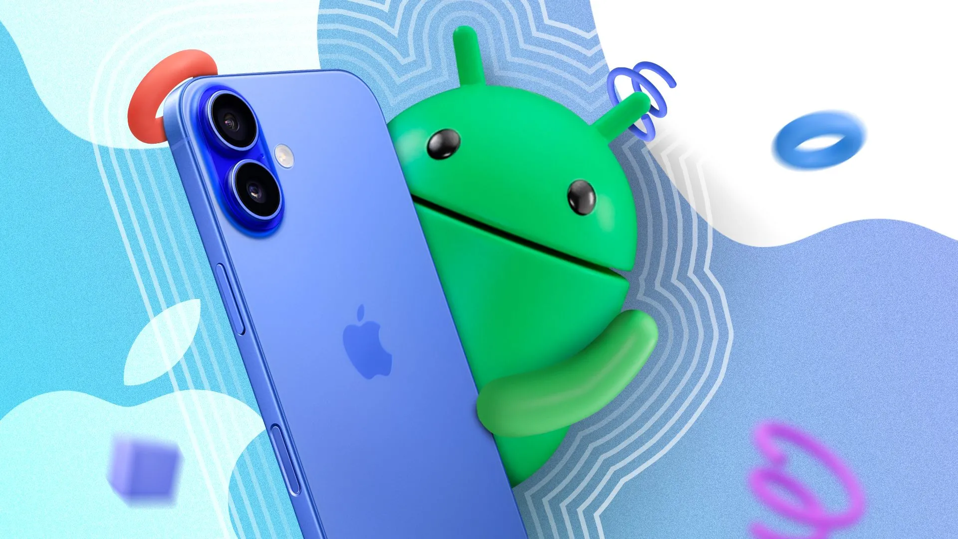 Linh vật Android đang cầm một chiếc iPhone 16, biểu trưng cho cuộc cạnh tranh và sự phụ thuộc lẫn nhau giữa các hệ sinh thái di động lớn trên thị trường smartphone