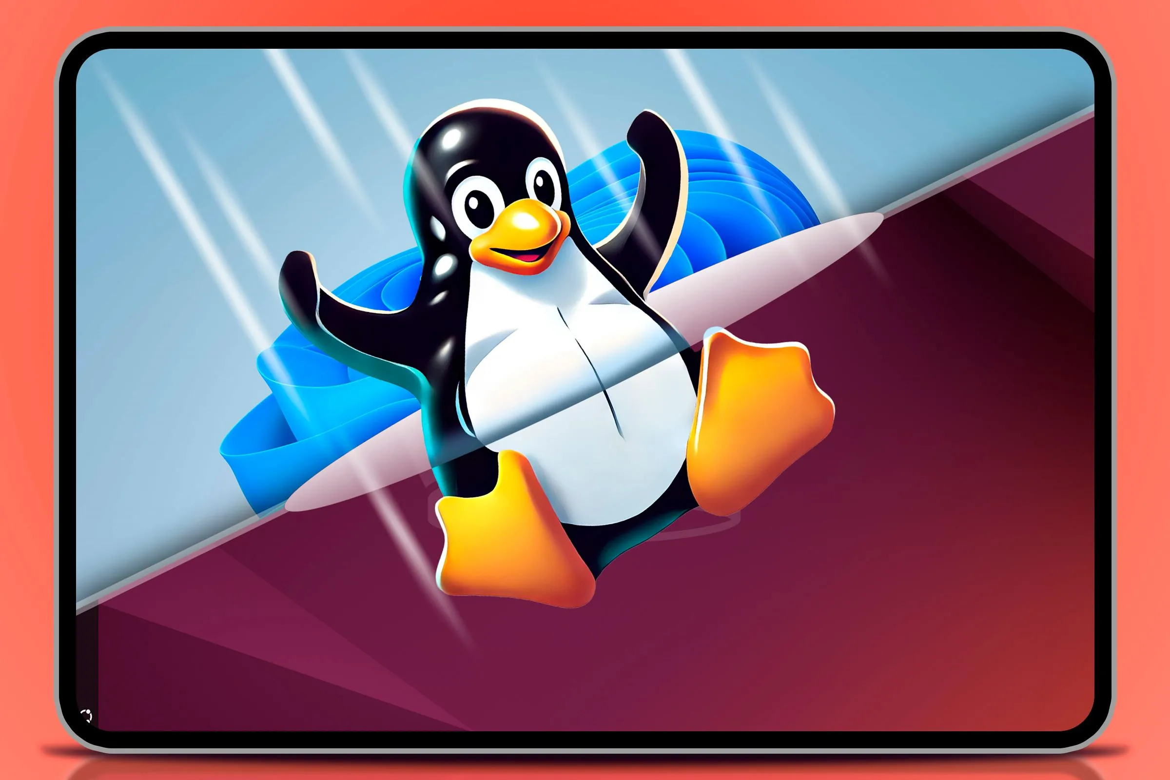 Linh vật chim cánh cụt Tux của Linux nhảy từ biểu tượng Windows sang Linux, tượng trưng cho việc chuyển đổi sang hệ điều hành mã nguồn mở.