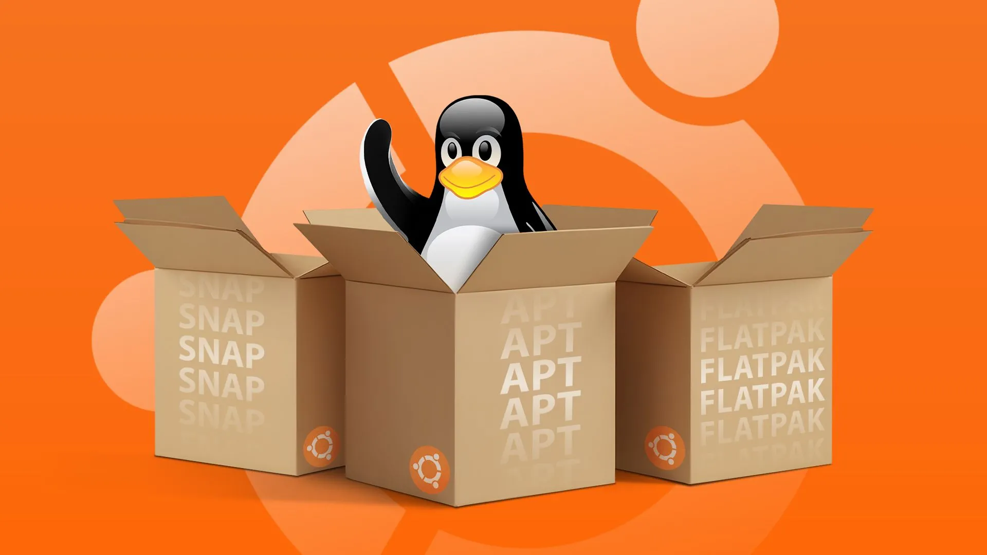 Linh vật Linux Tux trong một chiếc hộp, cùng với các biểu tượng gói phần mềm và logo Ubuntu ở hậu cảnh, minh họa hệ sinh thái Pop!_OS.