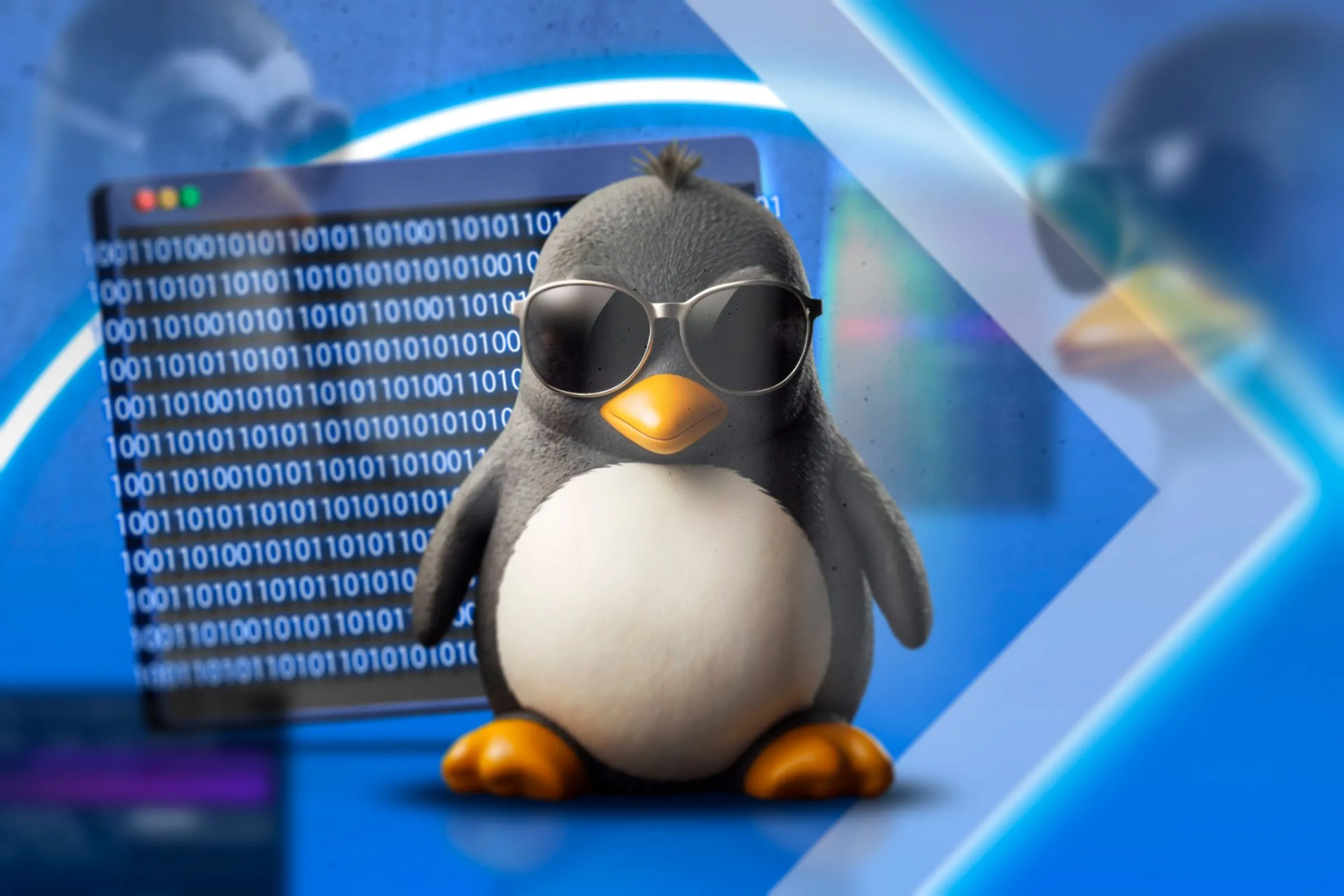 Linh vật Tux của Linux đeo kính râm với cửa sổ terminal đang chạy ở phía sau, tượng trưng cho khả năng tùy biến mạnh mẽ của Linux.