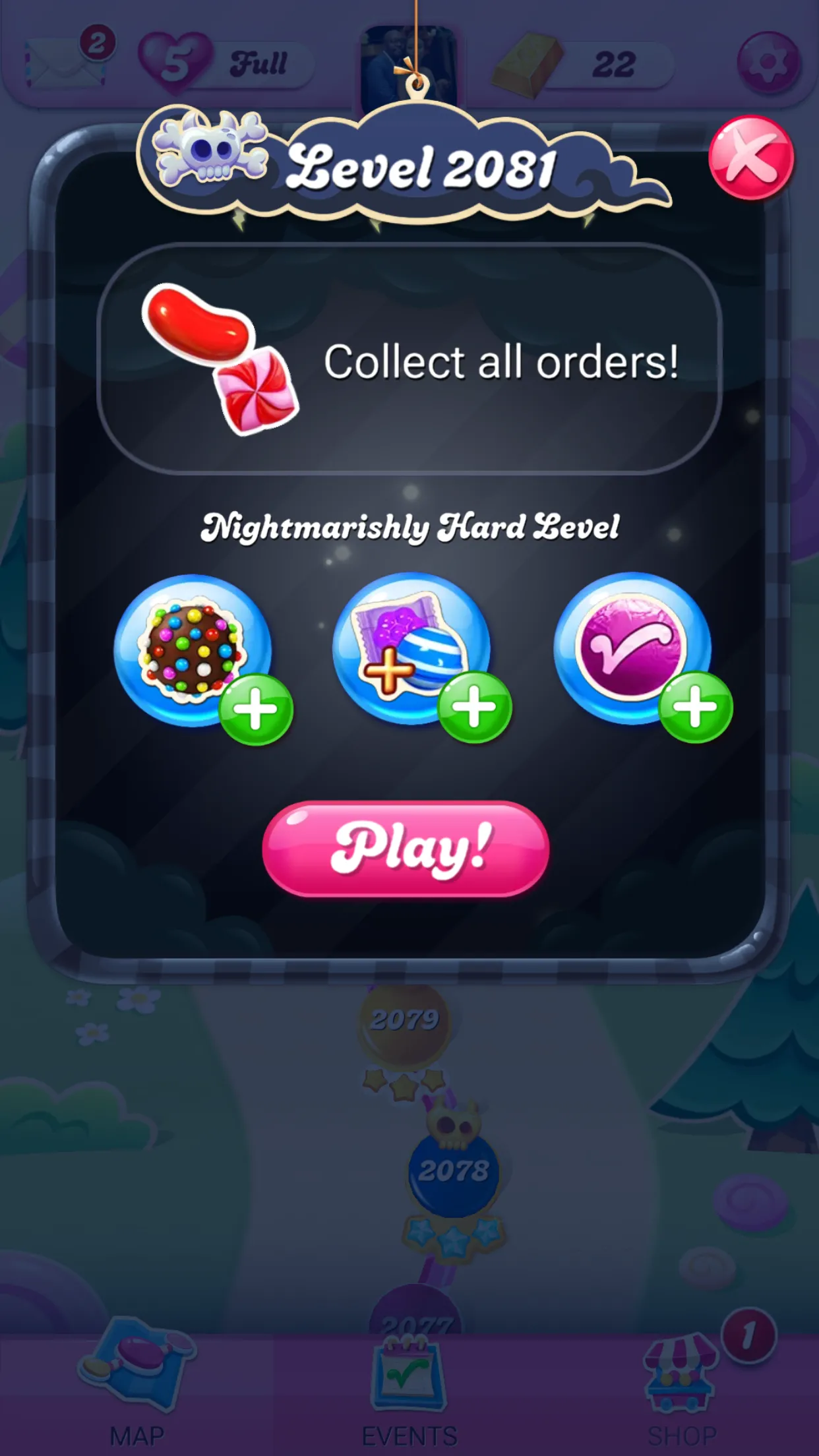 Màn hình bắt đầu cấp độ trong game Candy Crush Saga trên iPhone