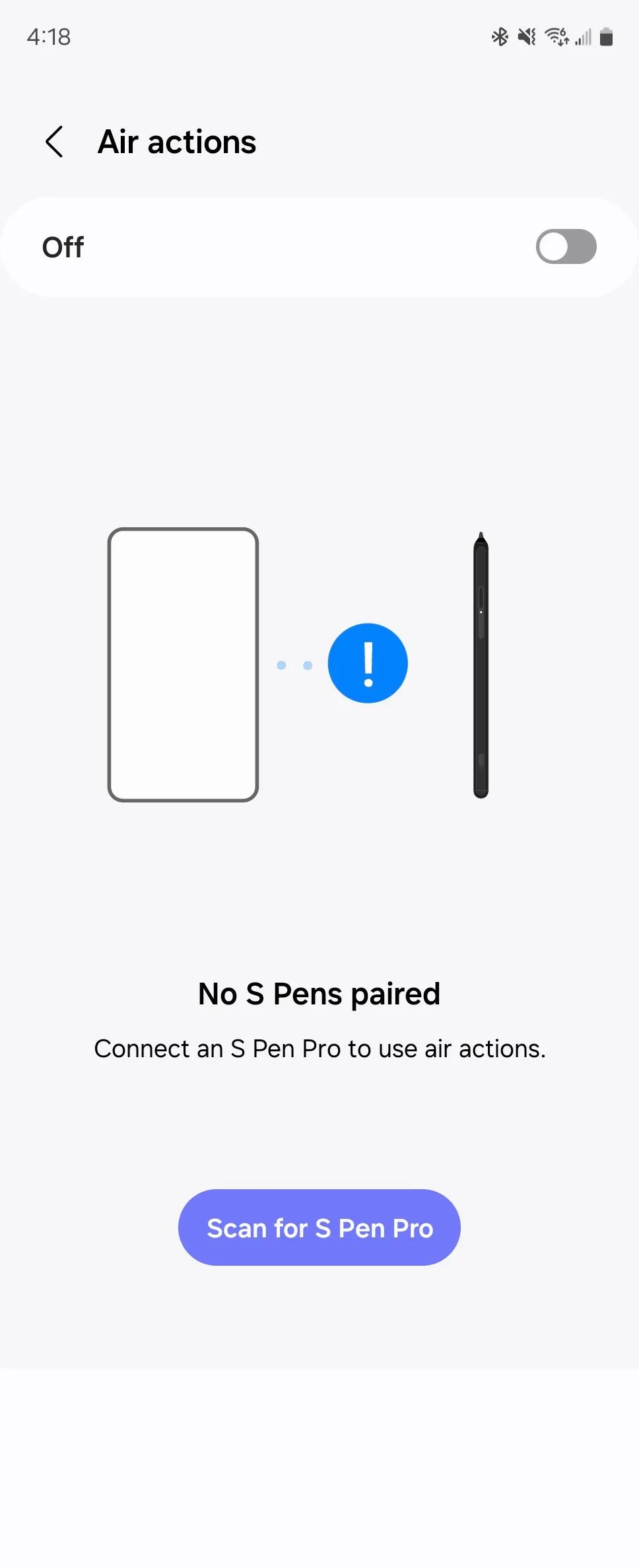 Màn hình cài đặt Air Actions của S Pen bị vô hiệu hóa trên Galaxy Z Fold 6, minh họa sự thiếu vắng tính năng Bluetooth.