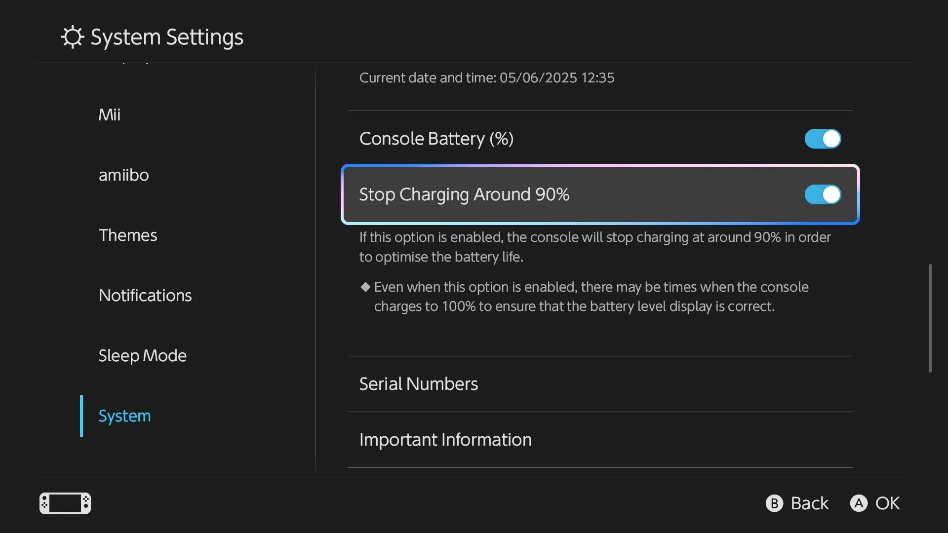 Màn hình cài đặt tính năng Stop Charging Around 90% trên Nintendo Switch 2 giúp bảo vệ pin