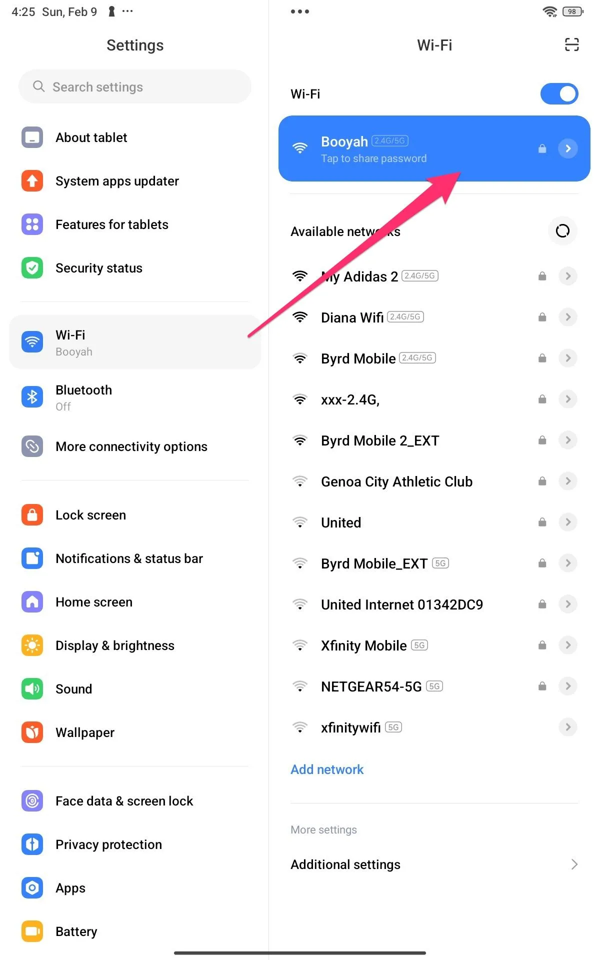 Màn hình cài đặt Wi-Fi trên thiết bị Android, đảm bảo kết nối cùng mạng với Mac