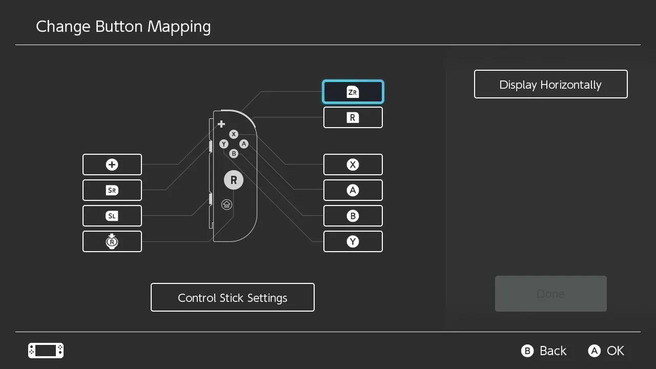 Màn hình "Change Button Mapping" (Thay đổi Ánh xạ Nút) trong cài đặt của Nintendo Switch