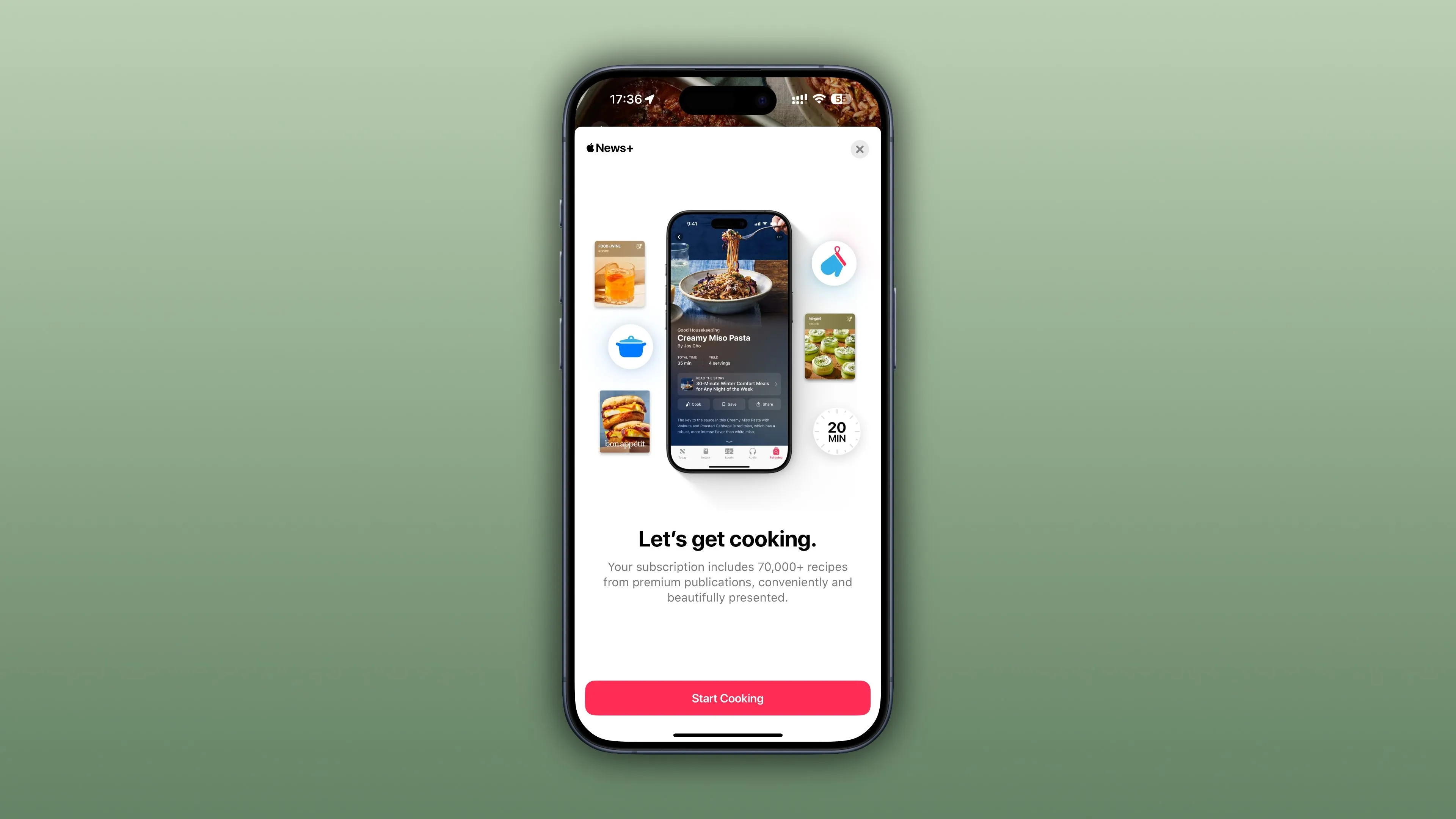 Màn hình chào mừng chuyên mục Food mới trong ứng dụng News trên iPhone iOS 18.4