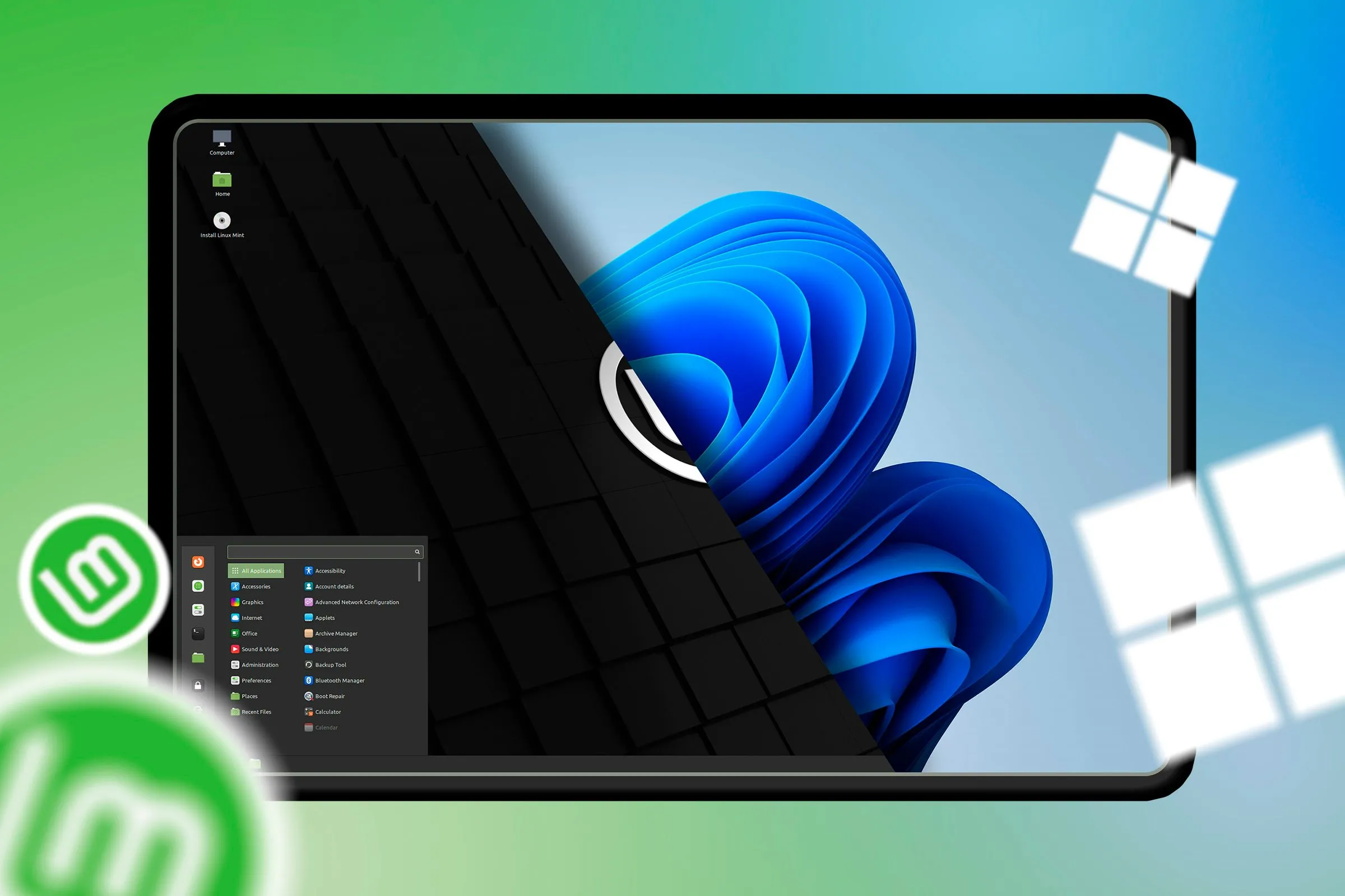 Màn hình chia đôi hiển thị Linux Mint và Windows 11 cạnh nhau, minh họa sự tương đồng trong giao diện người dùng.