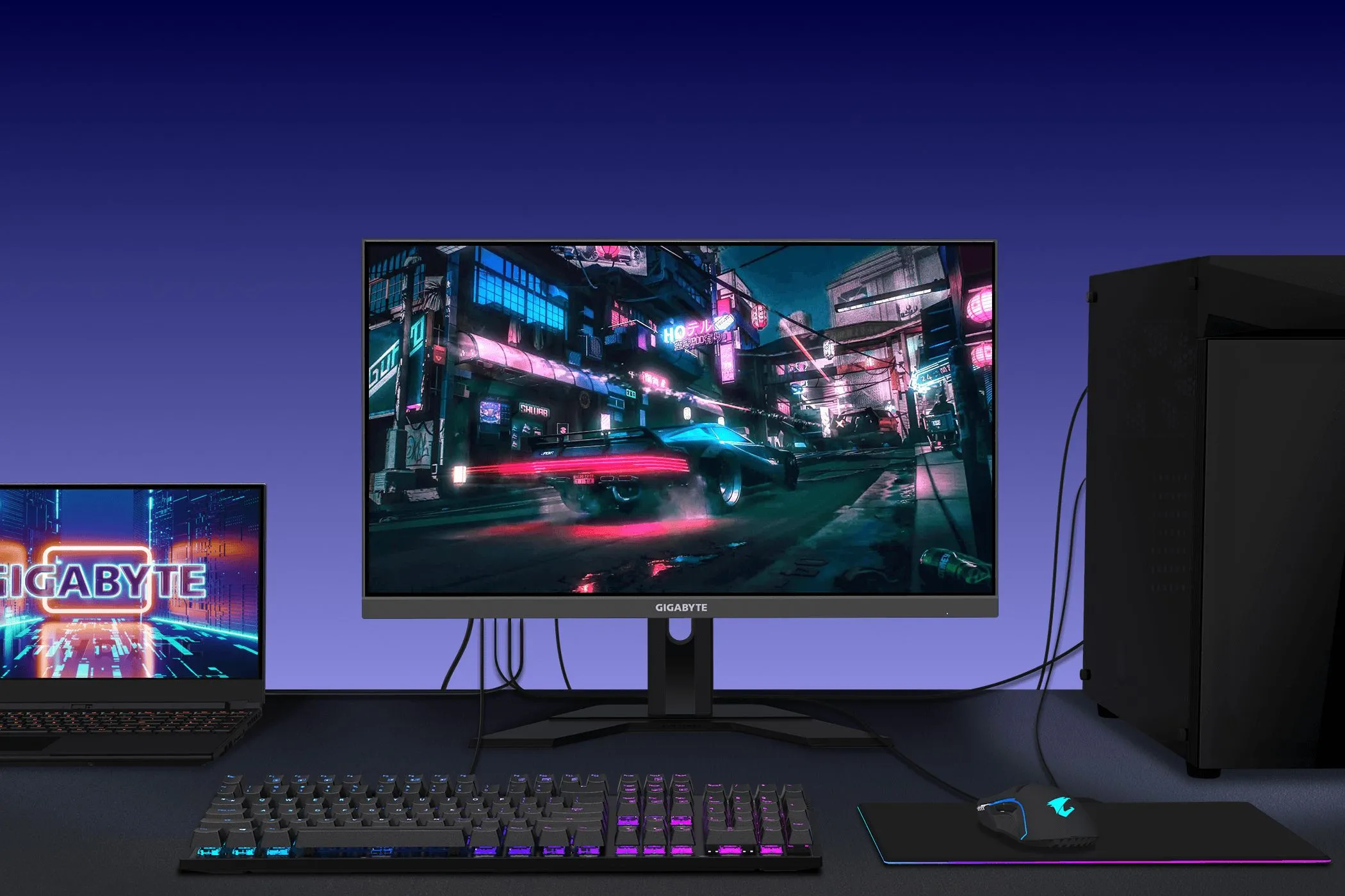 Màn hình chơi game GIGABYTE M28U tỷ lệ 16:9 trên bàn làm việc, đại diện cho sự trở lại với kích thước truyền thống.