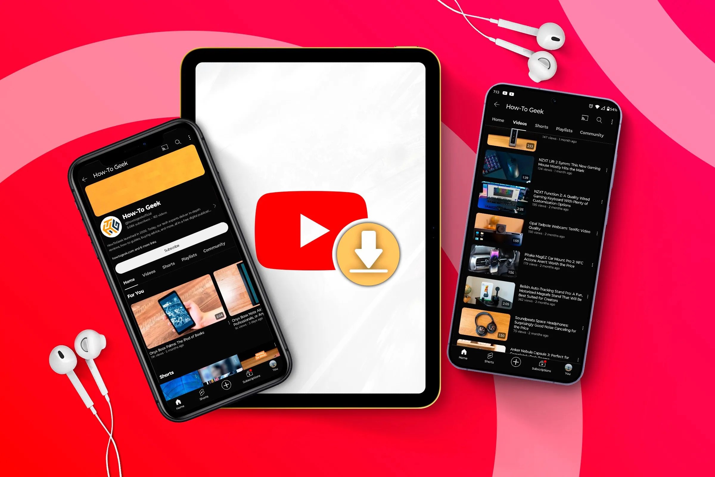 Màn hình điện thoại iPhone, Galaxy S24 và iPad hiển thị ứng dụng YouTube cùng biểu tượng tải xuống, minh họa tính năng xem video ngoại tuyến.