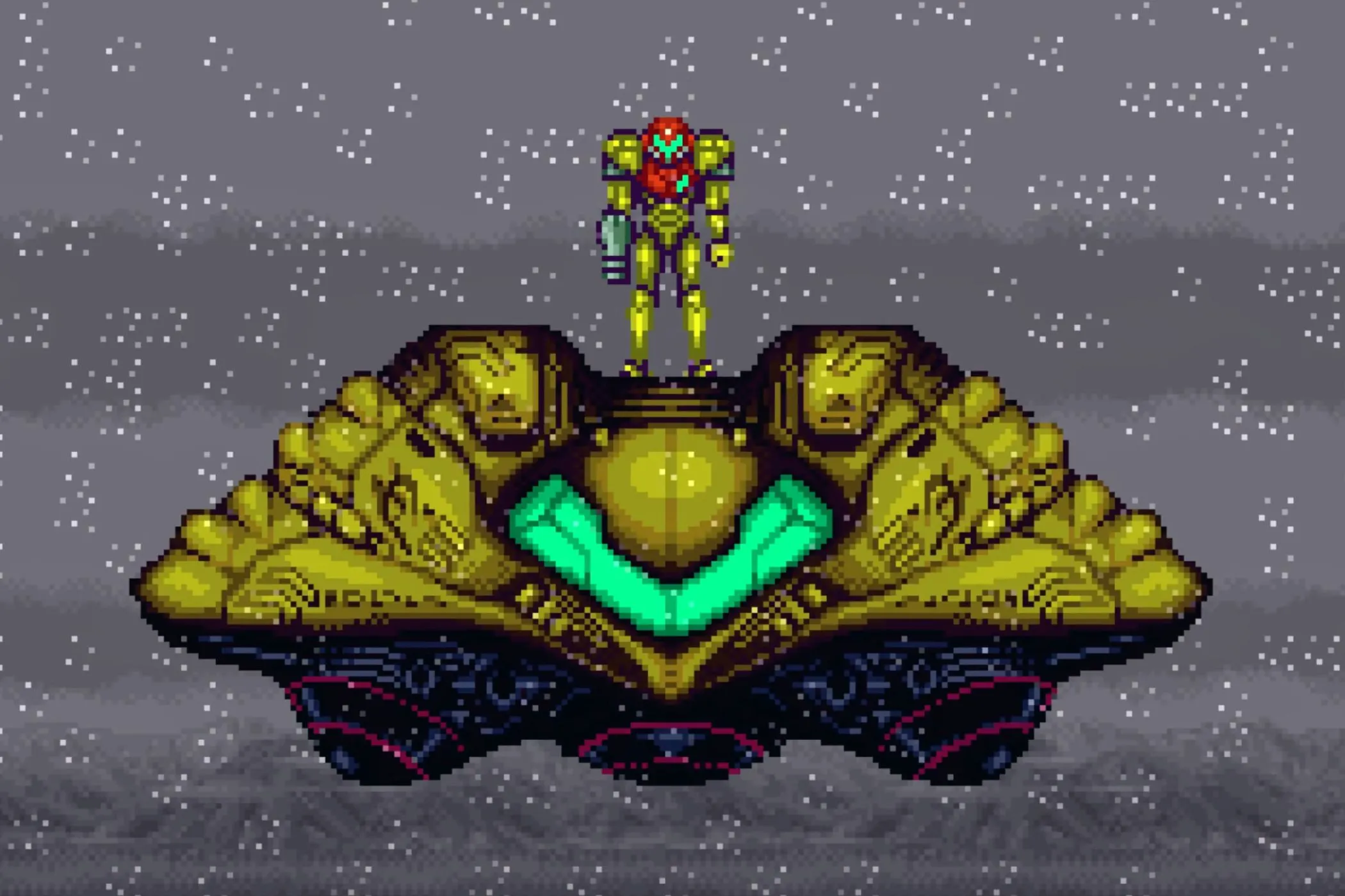Màn hình gameplay của Super Metroid trên hệ máy SNES với nhân vật Samus Aran