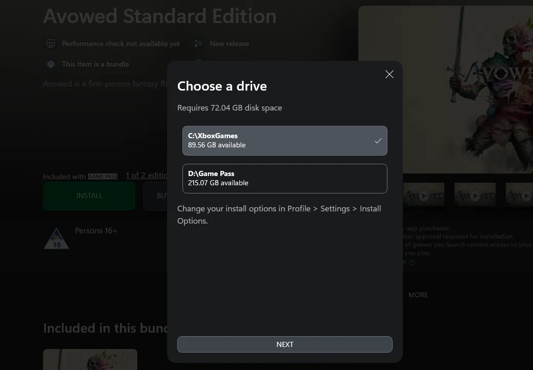 Màn hình giao diện ứng dụng Xbox khi cài đặt game Avowed qua PC Game Pass, cho thấy tùy chọn vị trí cài đặt.