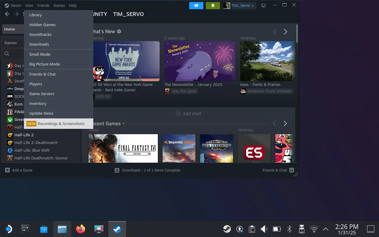 Màn hình hiển thị ảnh chụp màn hình và bản ghi trong SteamOS Desktop Mode