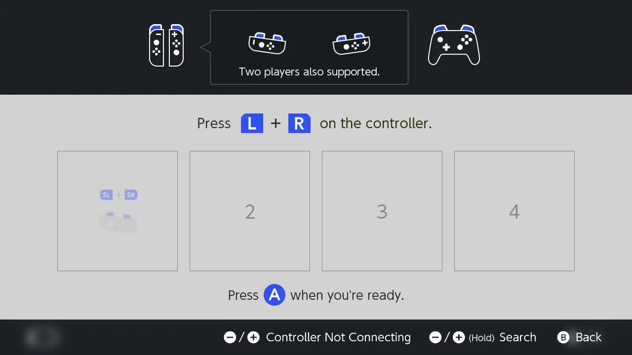Màn hình hướng dẫn đồng bộ tay cầm Joy-Con trên Nintendo Switch yêu cầu nhấn L và R