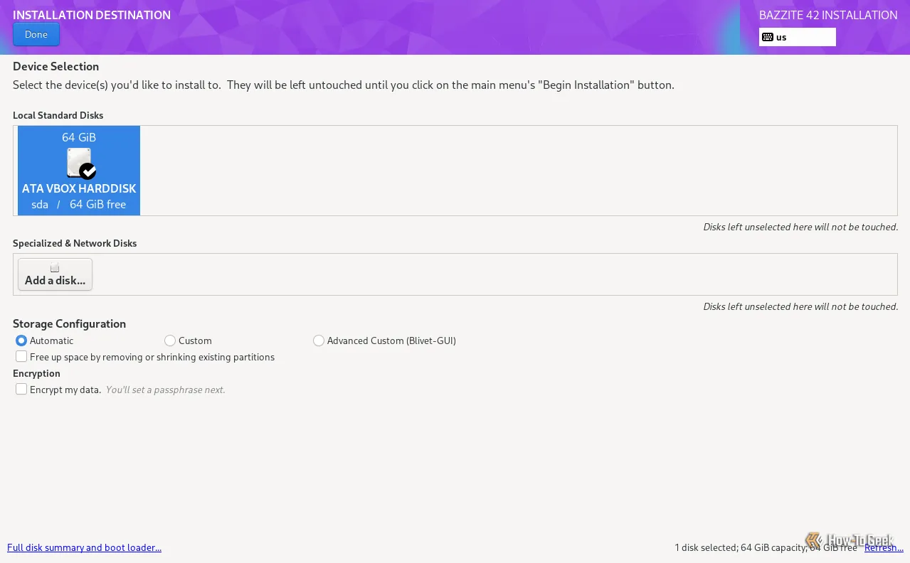 Màn hình lựa chọn ổ đĩa trong trình cài đặt Bazzite Linux