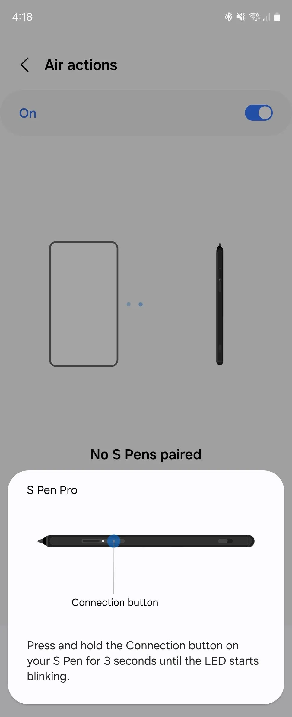 Màn hình quét tìm S Pen Pro trên Galaxy Z Fold 6, cho thấy yêu cầu về phiên bản S Pen hỗ trợ Bluetooth.
