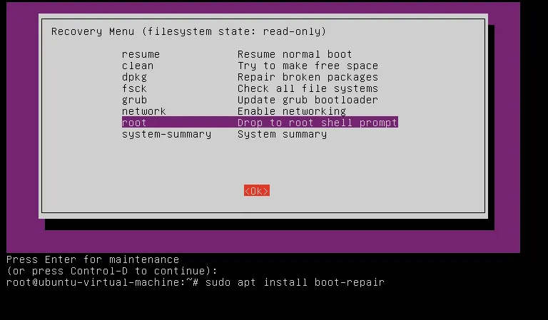 màn hình Recovery Mode Ubuntu và giao diện terminal root