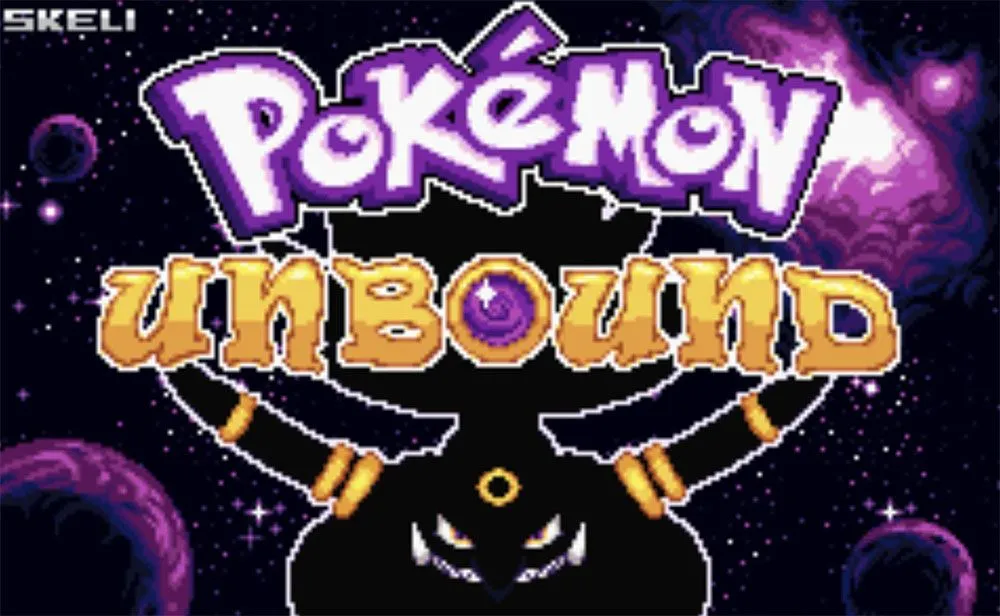 Màn hình tiêu đề cho ROM hack Pokémon Unbound với logo game và hình ảnh một con Pokémon bí ẩn.