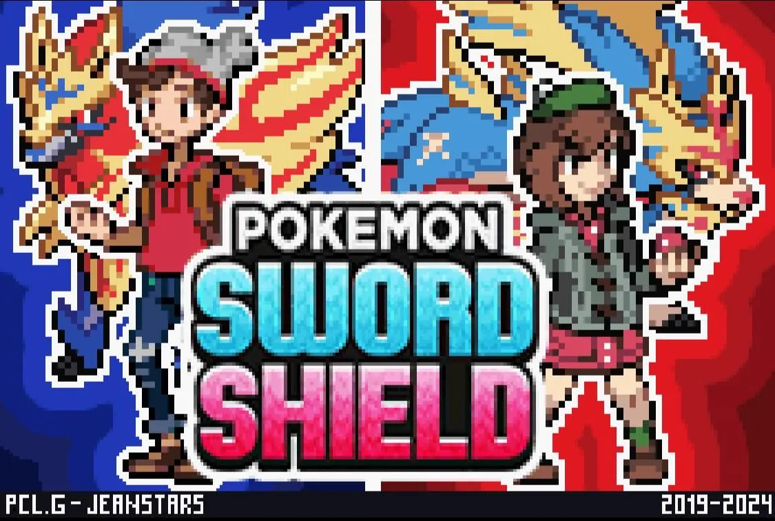 Màn hình tiêu đề của ROM hack Pokémon Sword and Shield Ultimate Plus với phong cách pixel cổ điển.